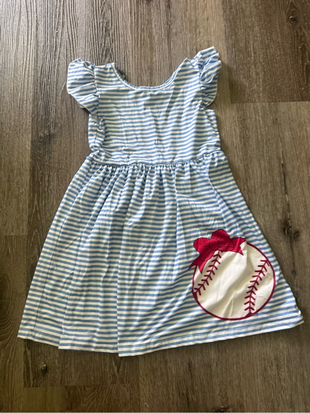 Source Unknown Girls Blue & White Stripe Dress with Pink Baseball Appliqué